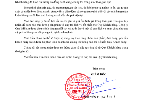 THÔNG BÁO  Về việc điều chỉnh giá dịch vụ in ấn – vật tư in ấn – quảng cáo